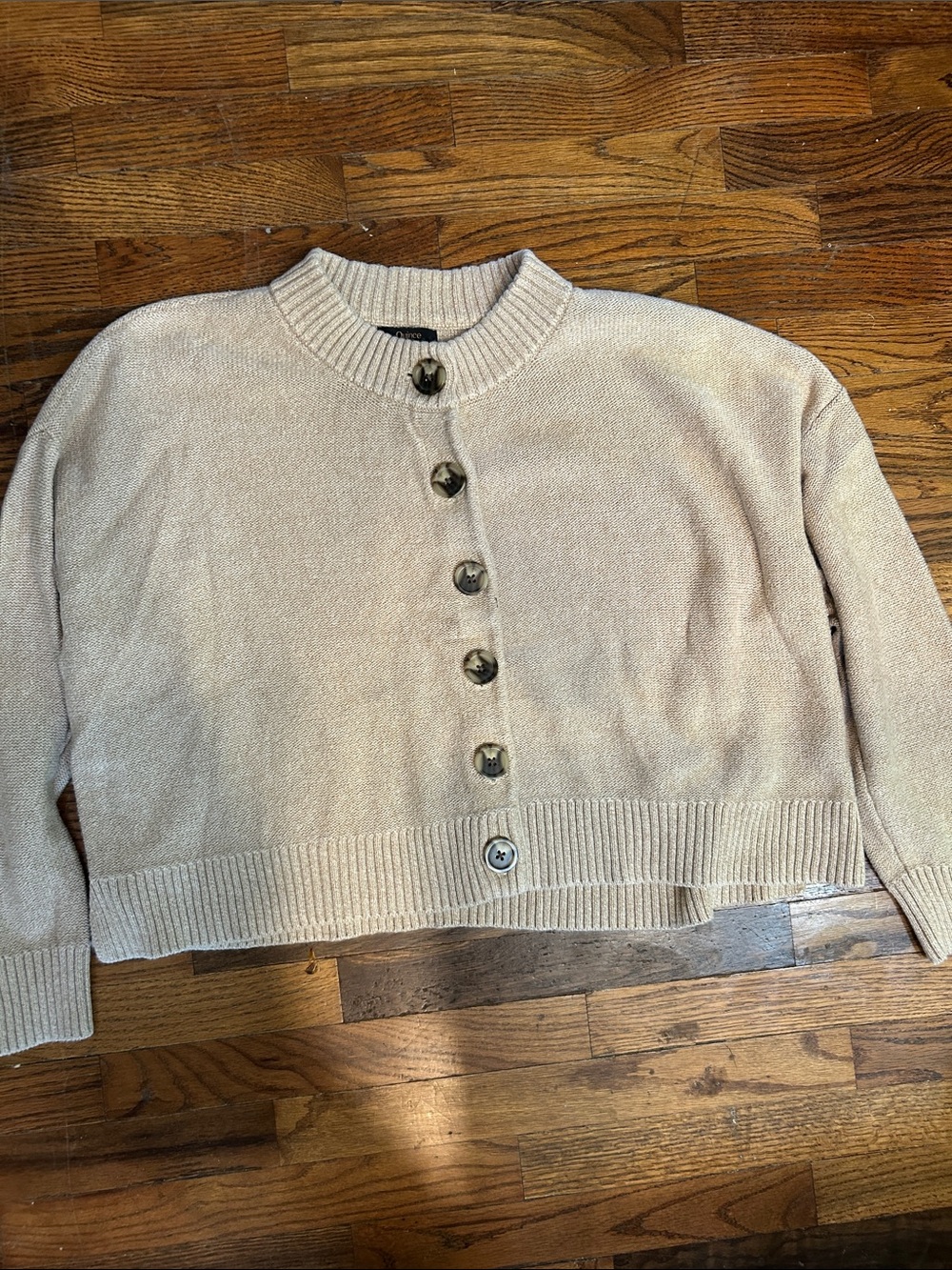Quince Beige Cropped Button-Front Crewneck Cardigan